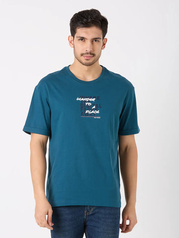 Teal Blue Printed Relaxed Fit T-Shirt TIM PARIS