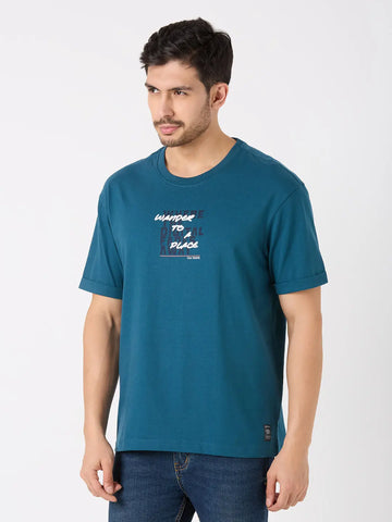 Teal Blue Printed Relaxed Fit T-Shirt TIM PARIS