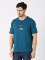 Teal Blue Printed Relaxed Fit T-Shirt