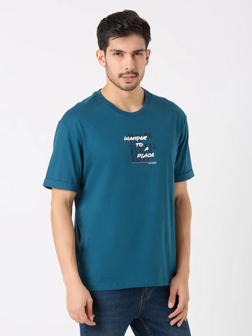 Teal Blue Printed Relaxed Fit T-Shirt TIM PARIS