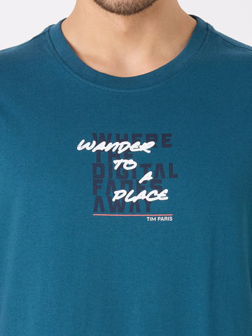 Teal Blue Printed Relaxed Fit T-Shirt TIM PARIS