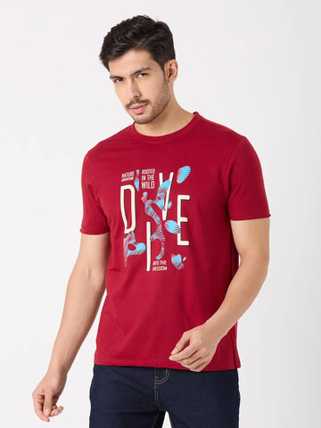 Maroon Printed Regular Fit T-Shirt TIM PARIS