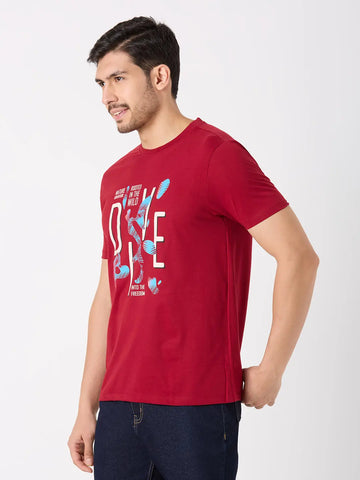Maroon Printed Regular Fit T-Shirt TIM PARIS
