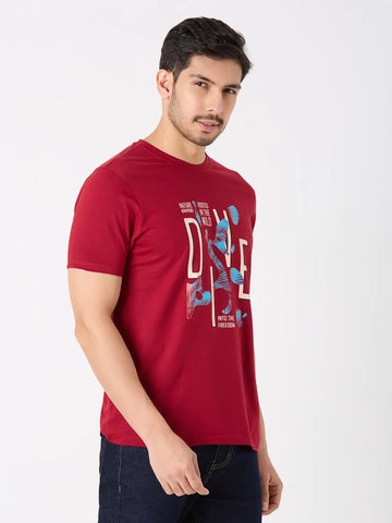 Maroon Printed Regular Fit T-Shirt TIM PARIS