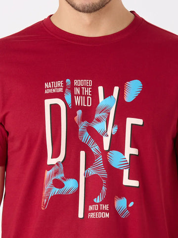 Maroon Printed Regular Fit T-Shirt TIM PARIS