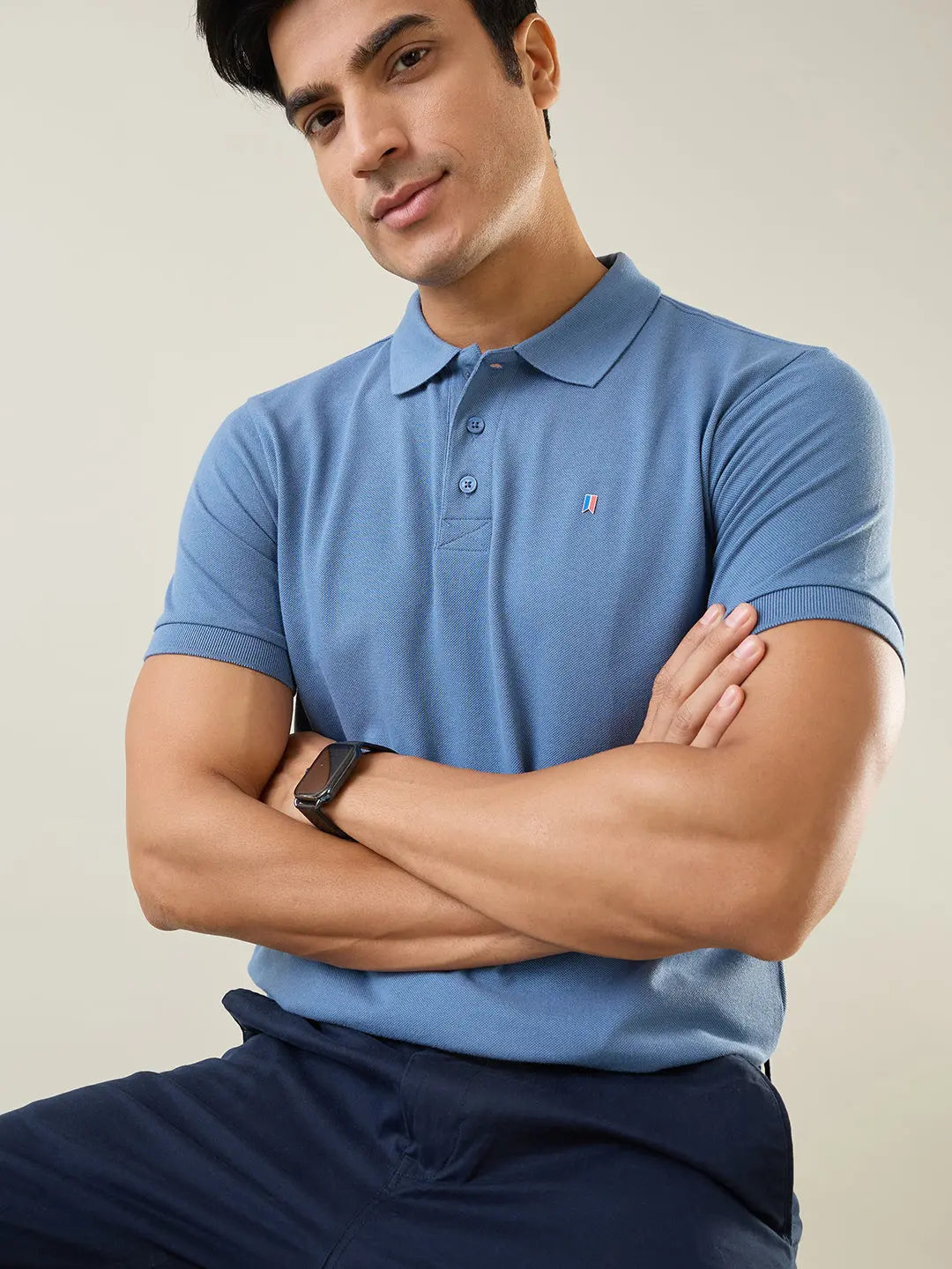Med Blue Solid Regular Fit T-Shirt TIM PARIS