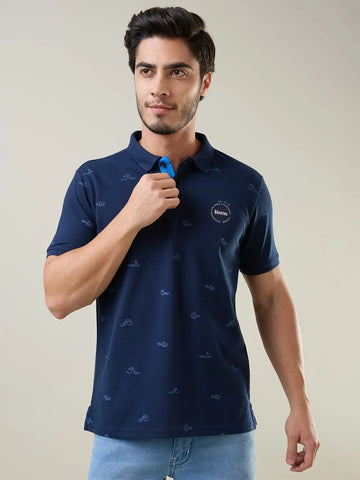 Navy Printed Regular Fit Polo T-shirt Tim Paris