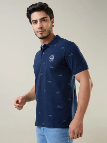 Navy Printed Regular Fit Polo T-shirt Tim Paris