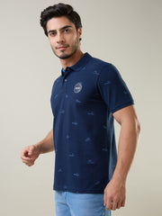 Navy Printed Regular Fit Polo T-shirt