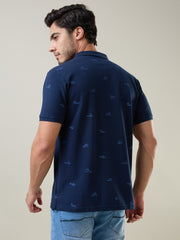 Navy Printed Regular Fit Polo T-shirt