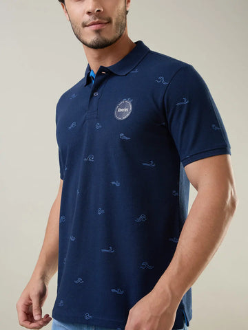 Navy Printed Regular Fit Polo T-shirt Tim Paris