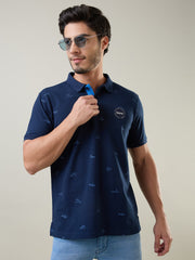 Navy Printed Regular Fit Polo T-shirt