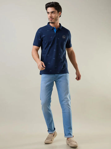 Navy Printed Regular Fit Polo T-shirt Tim Paris