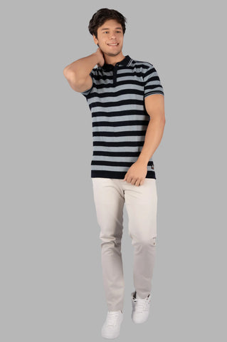 Grey Striped Polo T-shirt Tim Paris