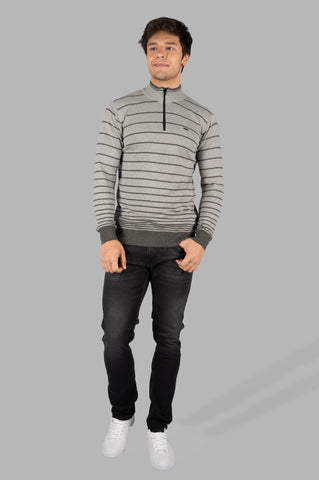 Grey Melange Striped Half Zip Pullover Tim Paris