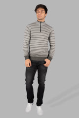 Grey Melange Striped Half Zip Pullover