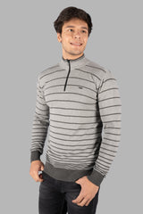 Grey Melange Striped Half Zip Pullover