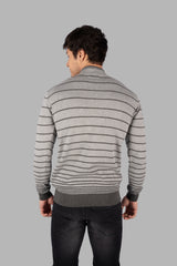 Grey Melange Striped Half Zip Pullover