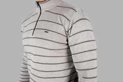 Grey Melange Striped Half Zip Pullover
