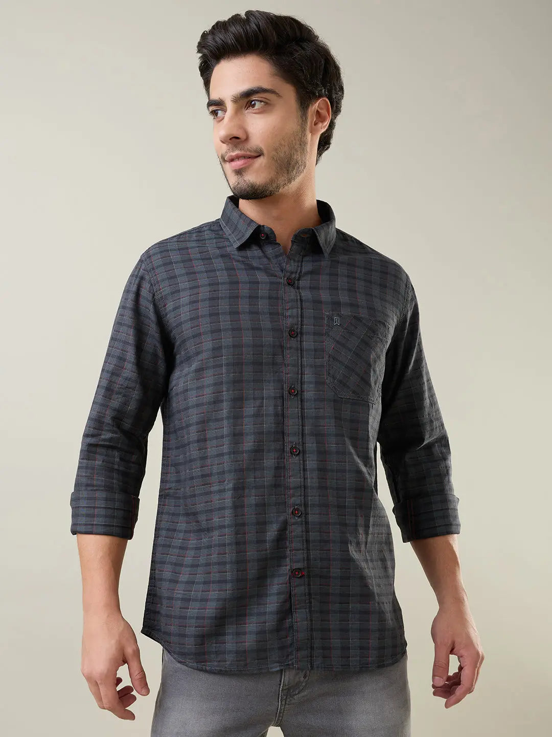 Grey Checkered Regular Fit Shirt TIM PARIS