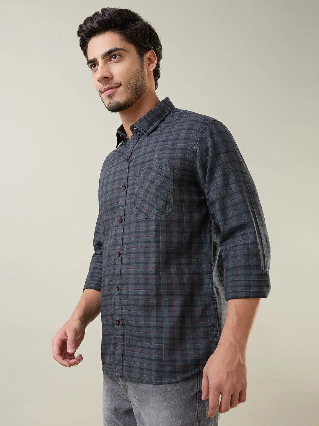 Grey Checkered Regular Fit Shirt TIM PARIS