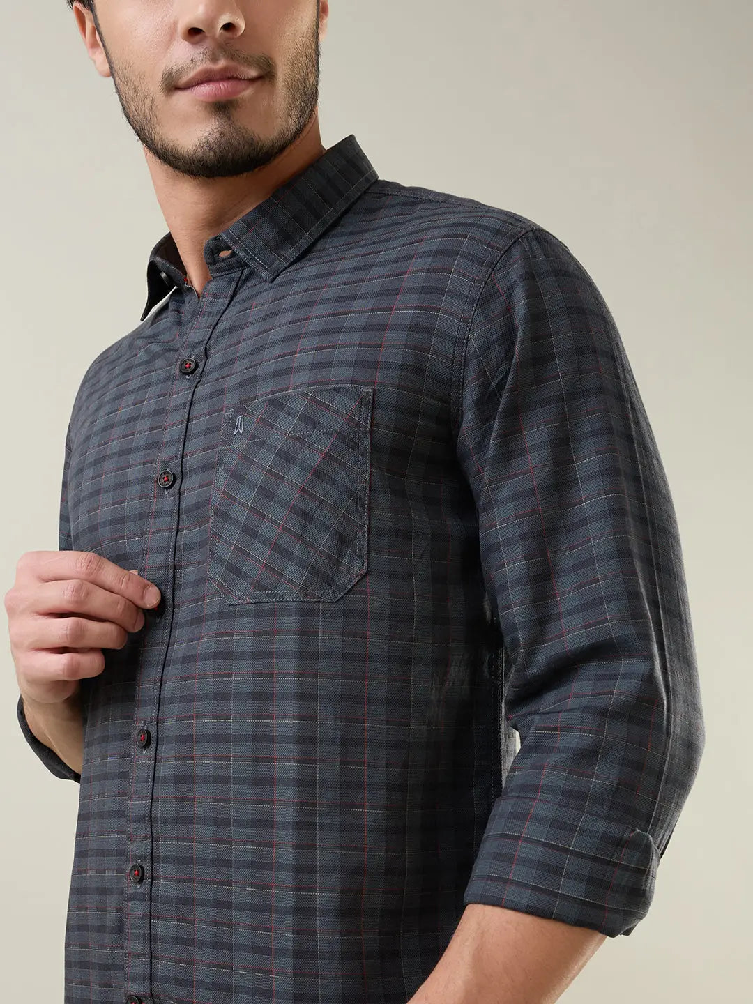 Grey Checkered Regular Fit Shirt TIM PARIS
