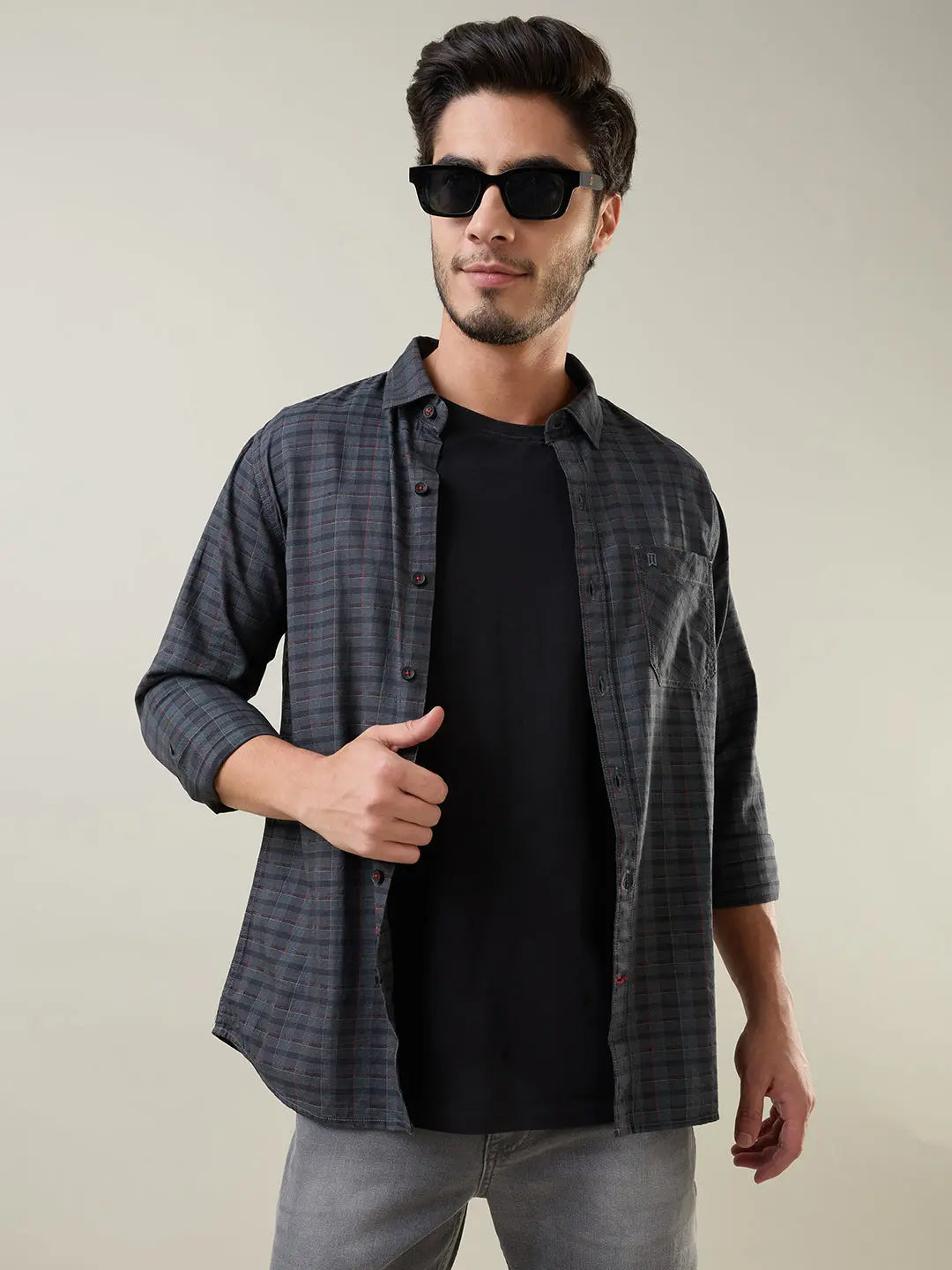 Grey Checkered Regular Fit Shirt TIM PARIS