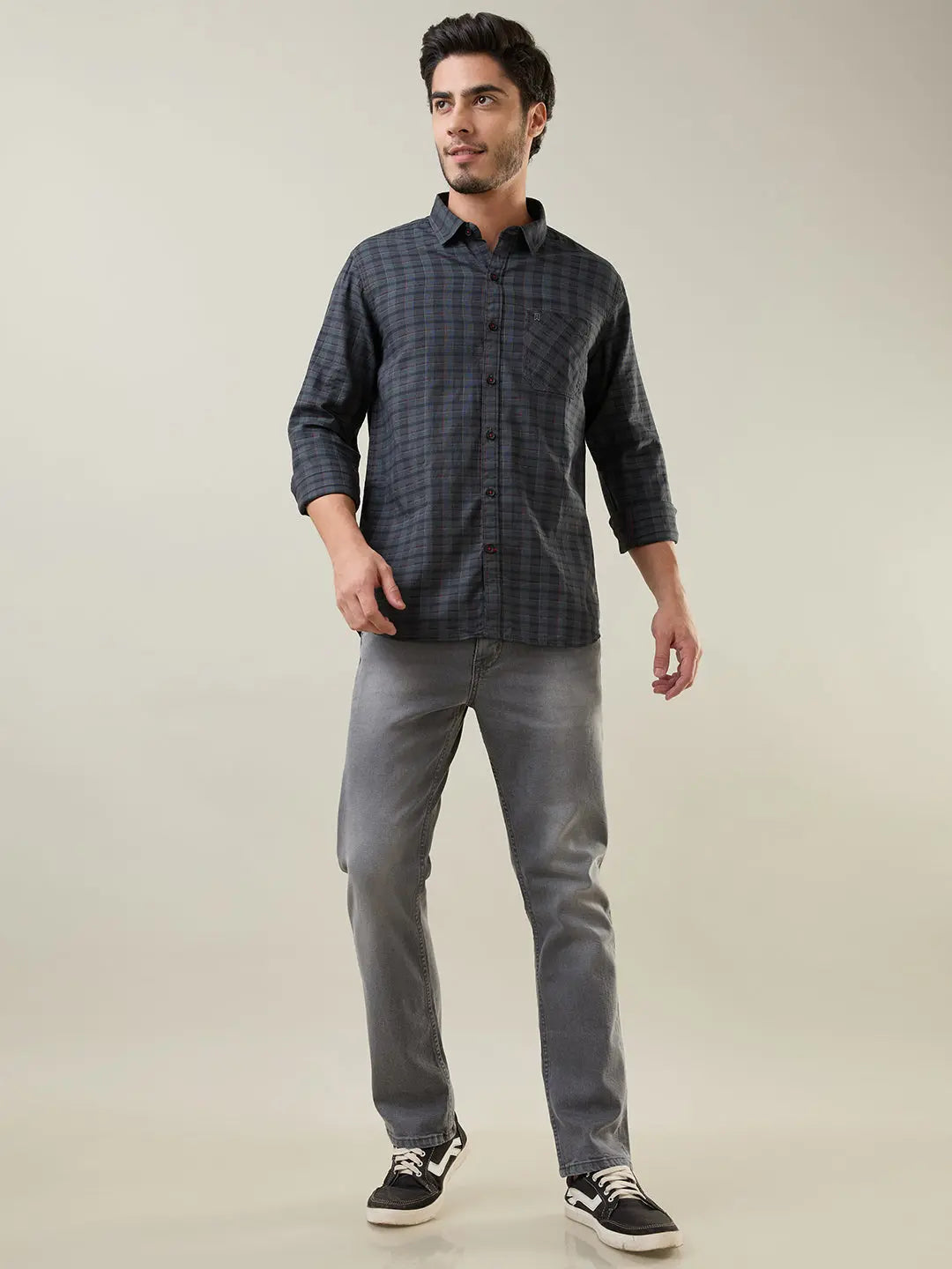 Grey Checkered Regular Fit Shirt TIM PARIS