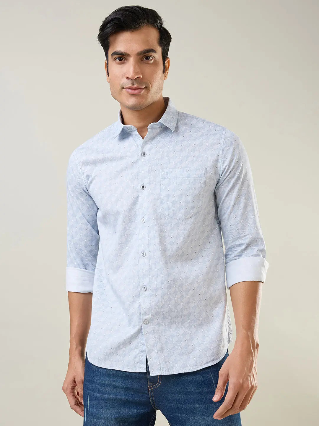 Sky Blue Printed Regular Fit Shirt TIM PARIS