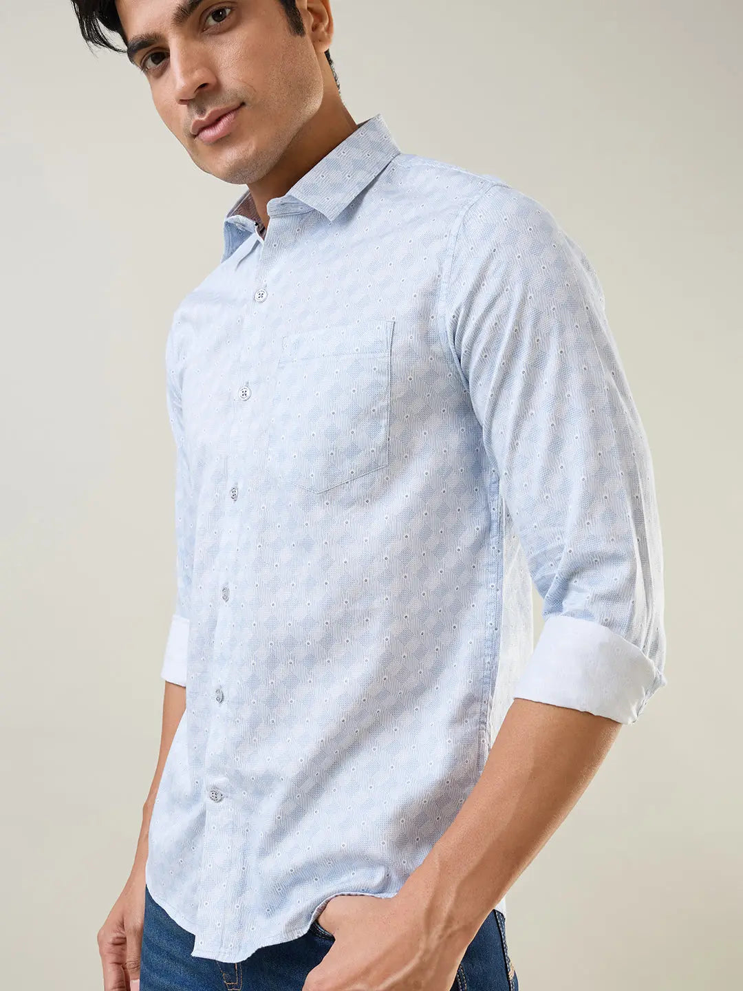 Sky Blue Printed Regular Fit Shirt TIM PARIS