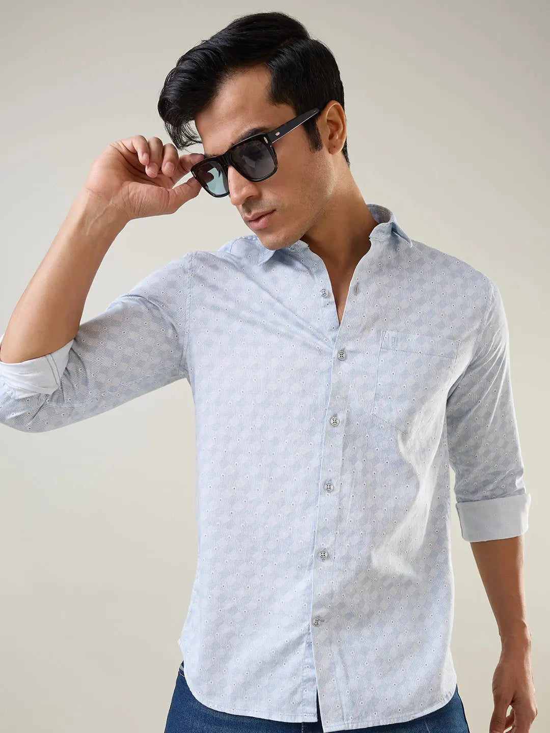 Sky Blue Printed Regular Fit Shirt TIM PARIS