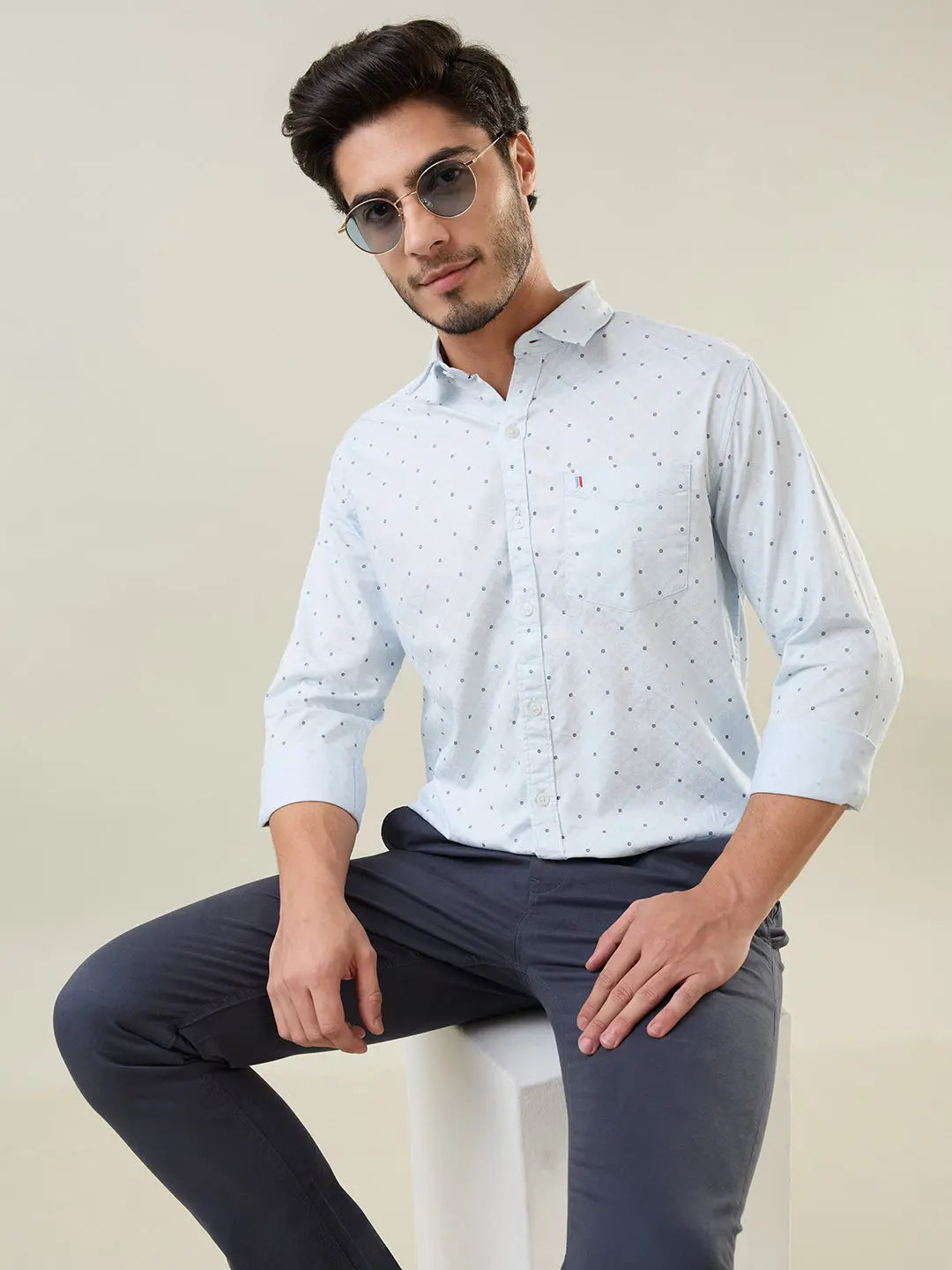 Sky Blue Printed Regular Fit Shirt TIM PARIS