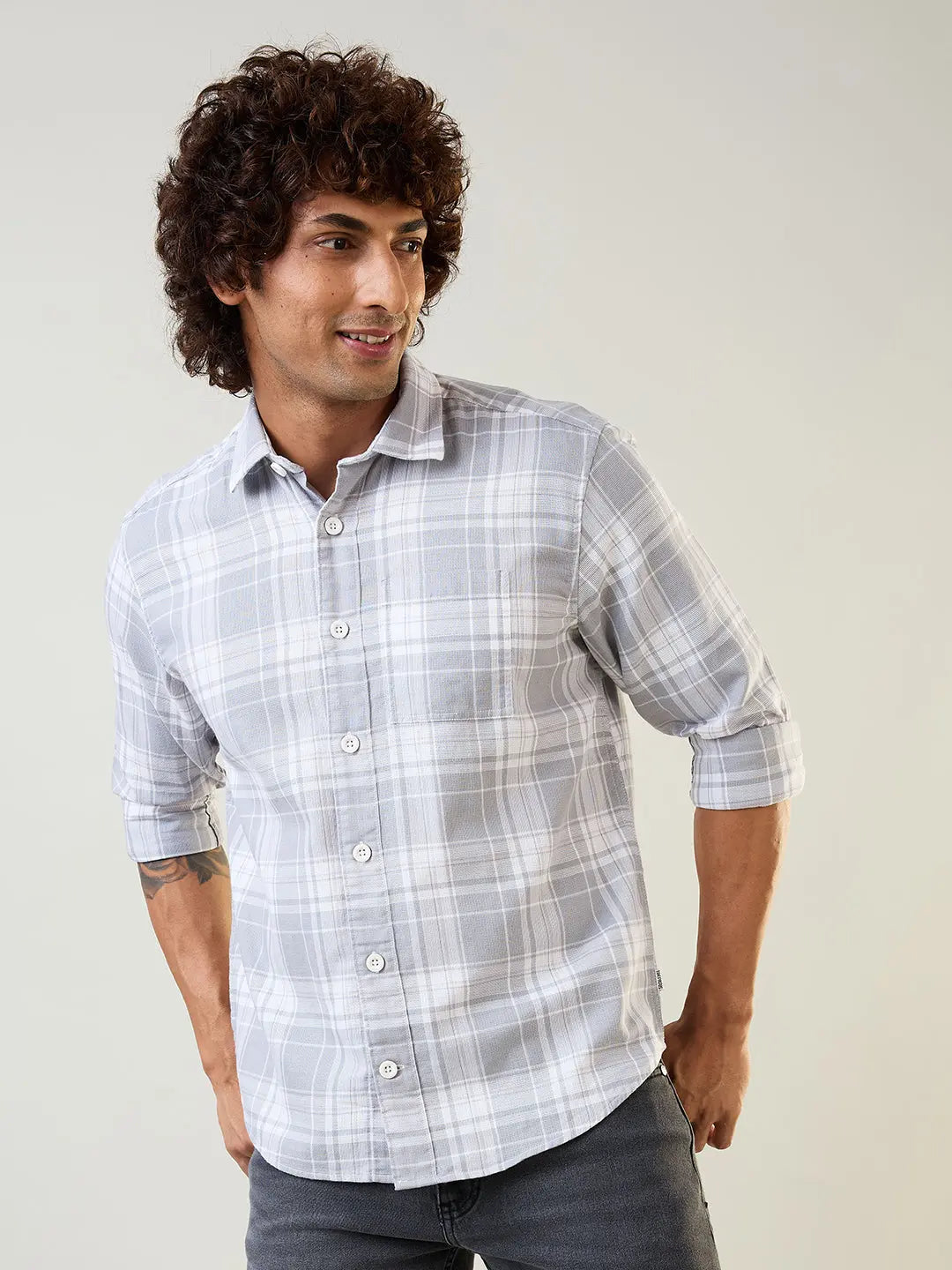 Grey Checkered Regular Fit Shirt TIM PARIS