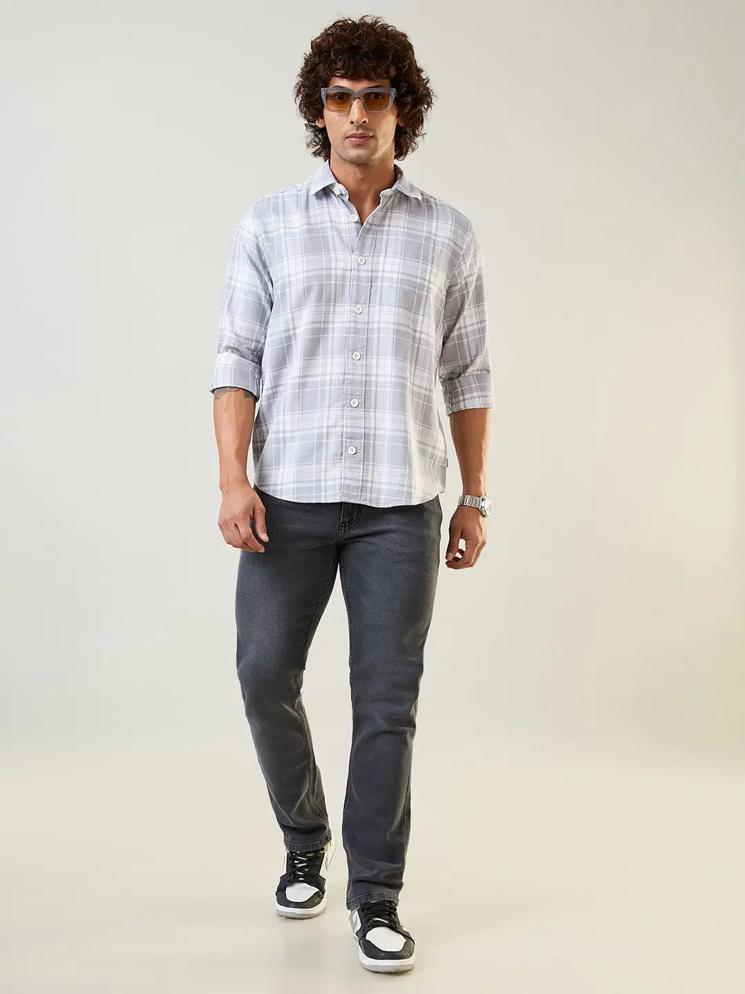 Grey Checkered Regular Fit Shirt TIM PARIS