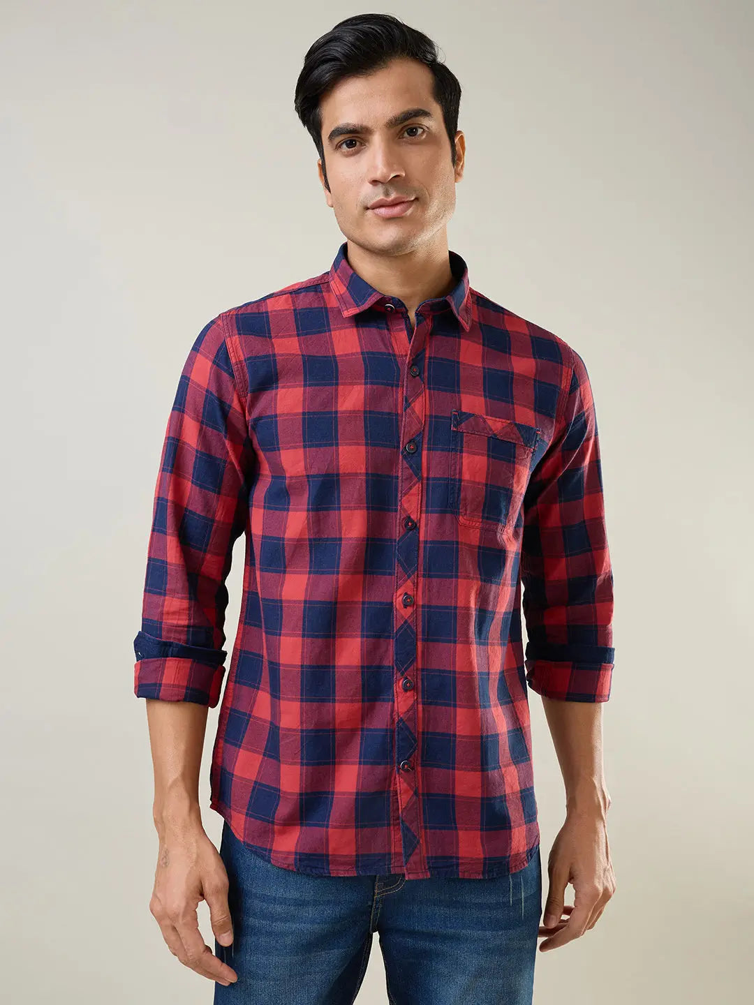Red Checkered Regular Fit Shirt TIM PARIS