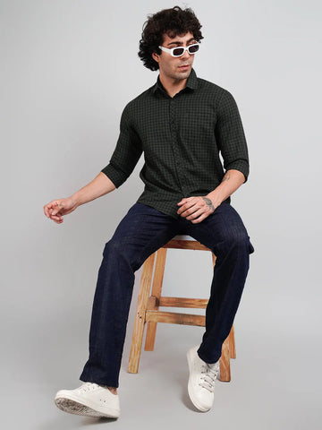 Olive Green Check Regular Fit Shirt Tim Paris