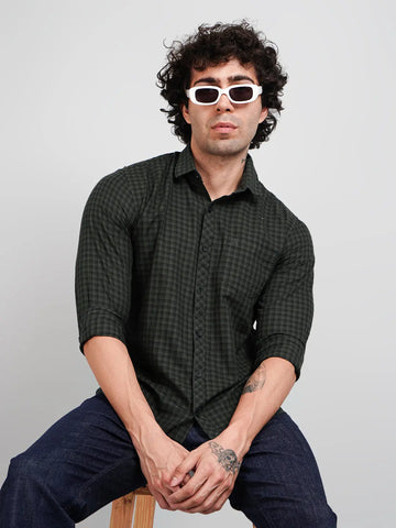 Olive Green Check Regular Fit Shirt Tim Paris