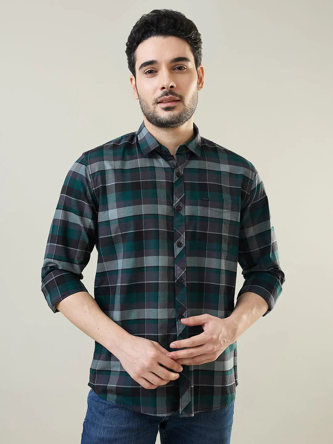 Green Checkered Regular Fit Shirt TIM PARIS