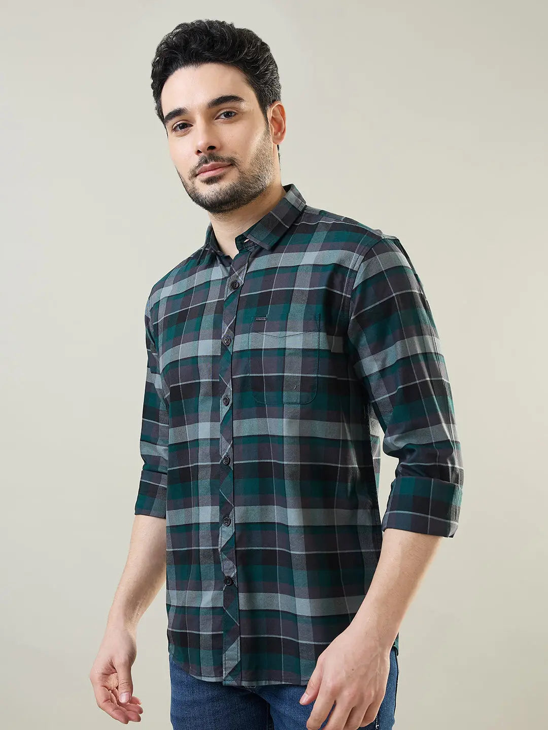 Green Checkered Regular Fit Shirt TIM PARIS