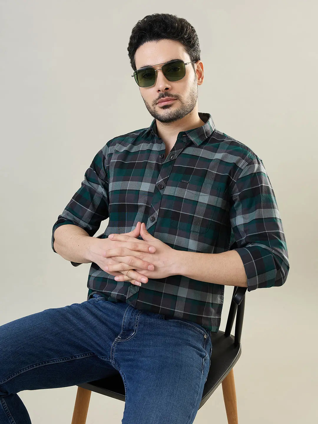 Green Checkered Regular Fit Shirt TIM PARIS