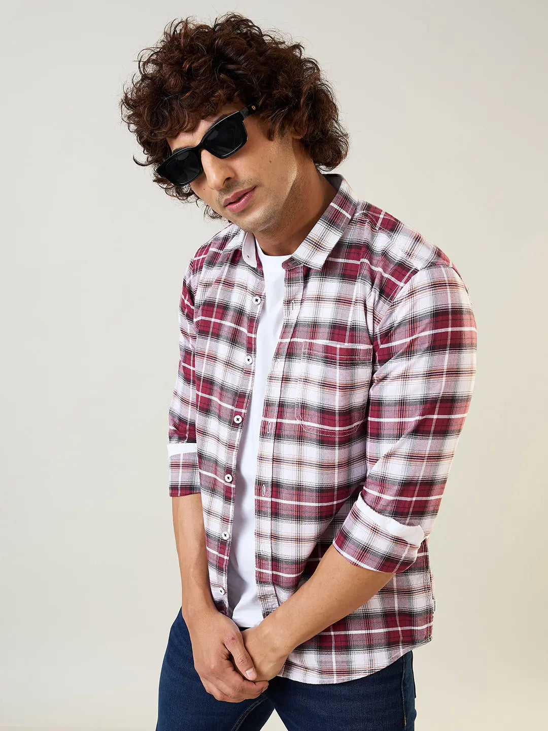 Maroon Checkered Regular Fit Shirt TIM PARIS