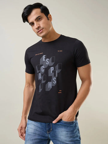 Black Round Neck Graphic Printed T Shirt TIM PARIS