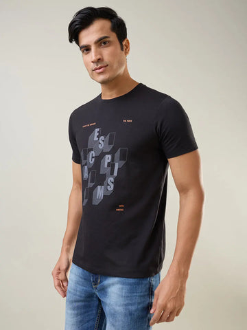 Black Round Neck Graphic Printed T Shirt TIM PARIS