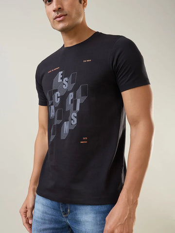 Black Round Neck Graphic Printed T Shirt TIM PARIS