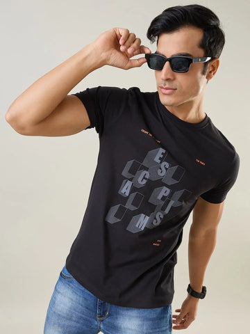 Black Round Neck Graphic Printed T Shirt TIM PARIS