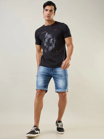 Black Round Neck Graphic Printed T Shirt TIM PARIS
