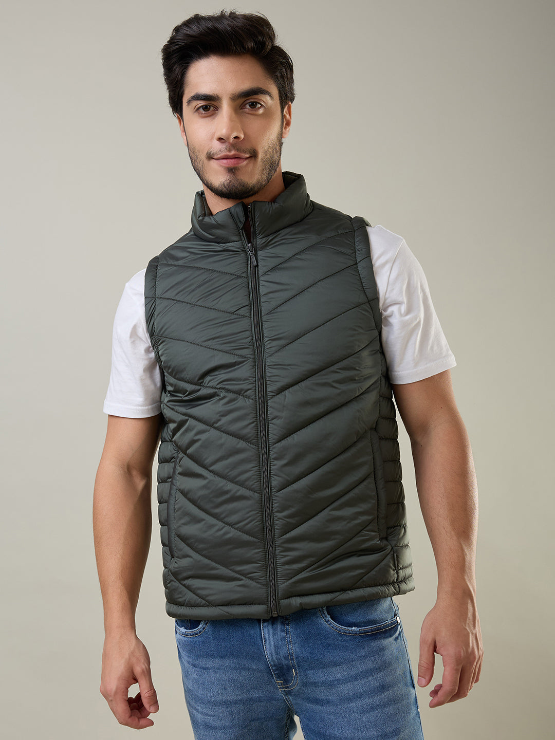 Olive Green Self Design Jacket