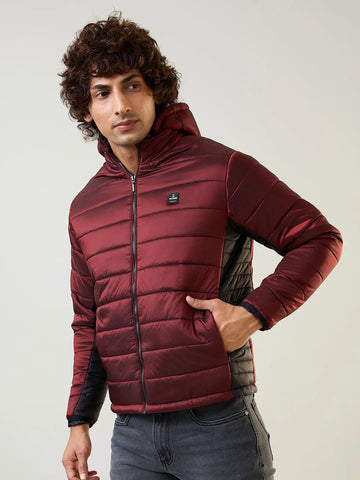 Maroon Solid Puffer Jacket Tim Paris