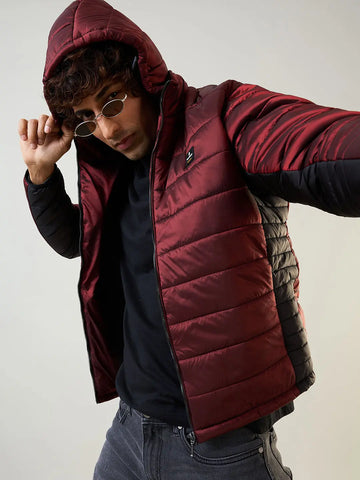 Maroon Solid Puffer Jacket Tim Paris