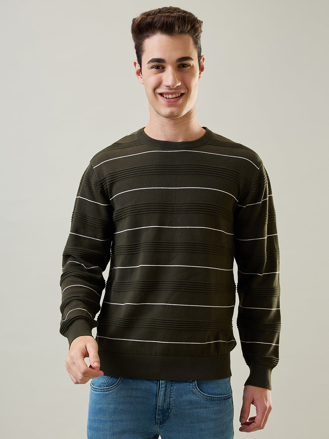 Olive Striped Regular Fit Pullover